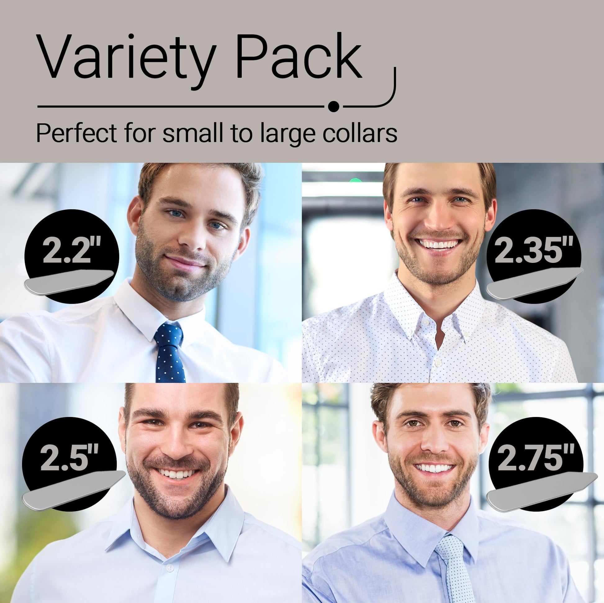Lifestyle images with four men wearing different collar sizes.