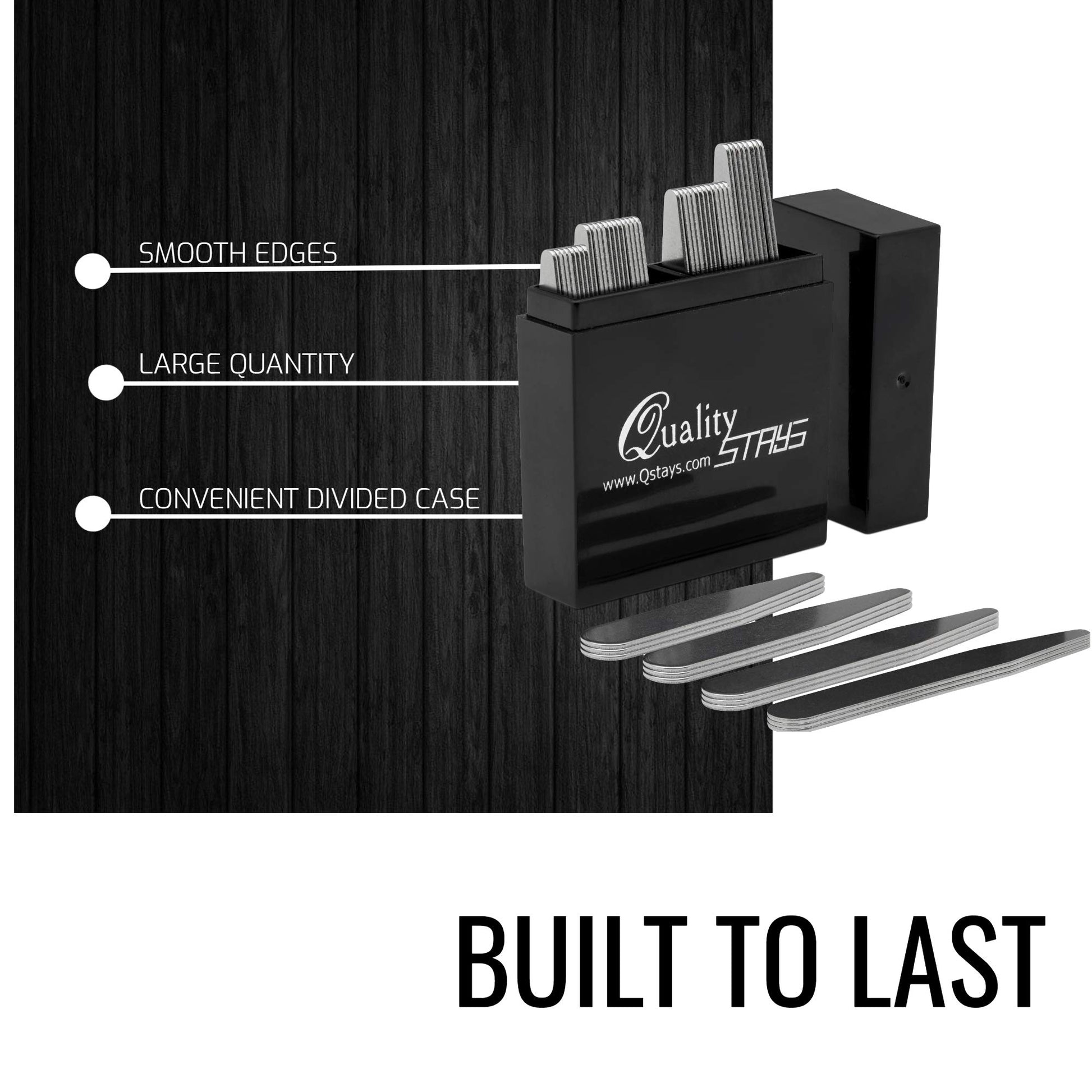 Black divided case with Qstays branding and collar stays on a wooden background, featuring text about product features.