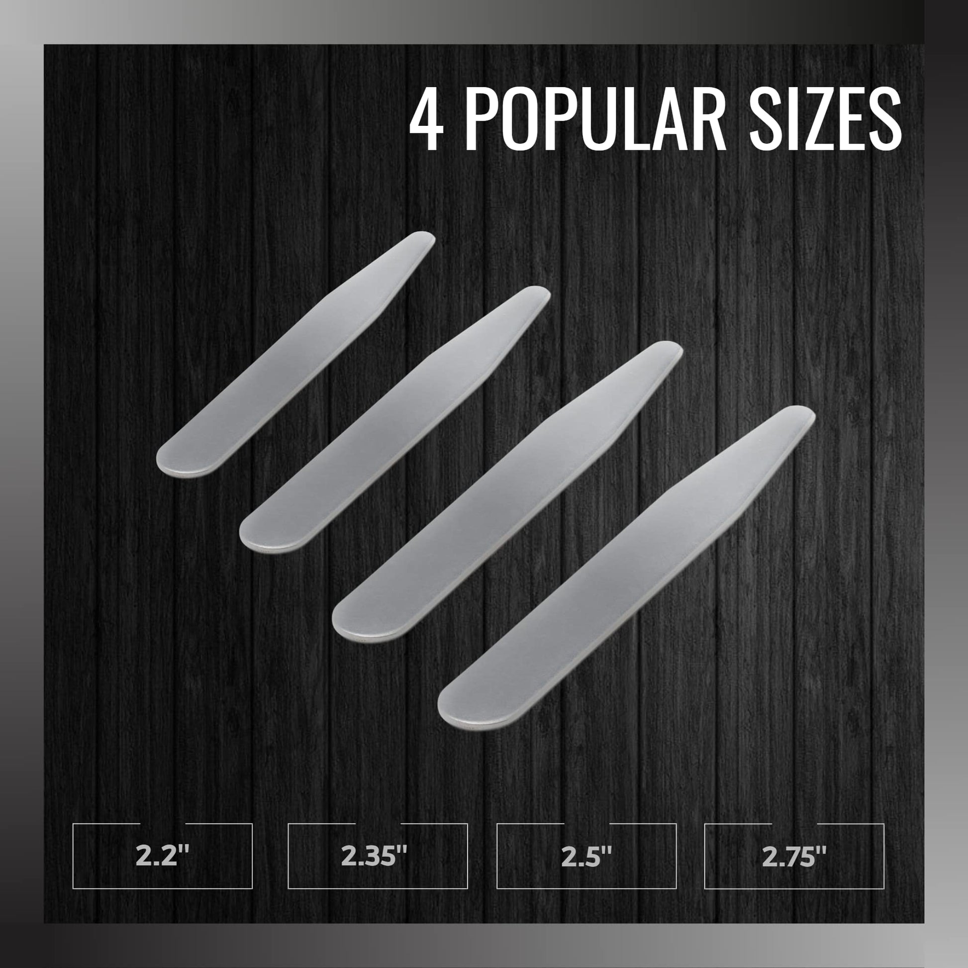 Four collar stays of different sizes on a wooden background with text '4 Popular Sizes'.