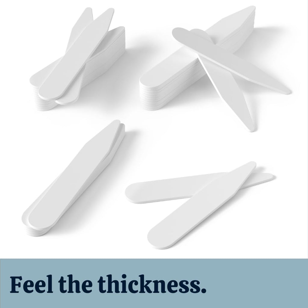 White plastic collar stays on a white background with text 'Feel the thickness.'