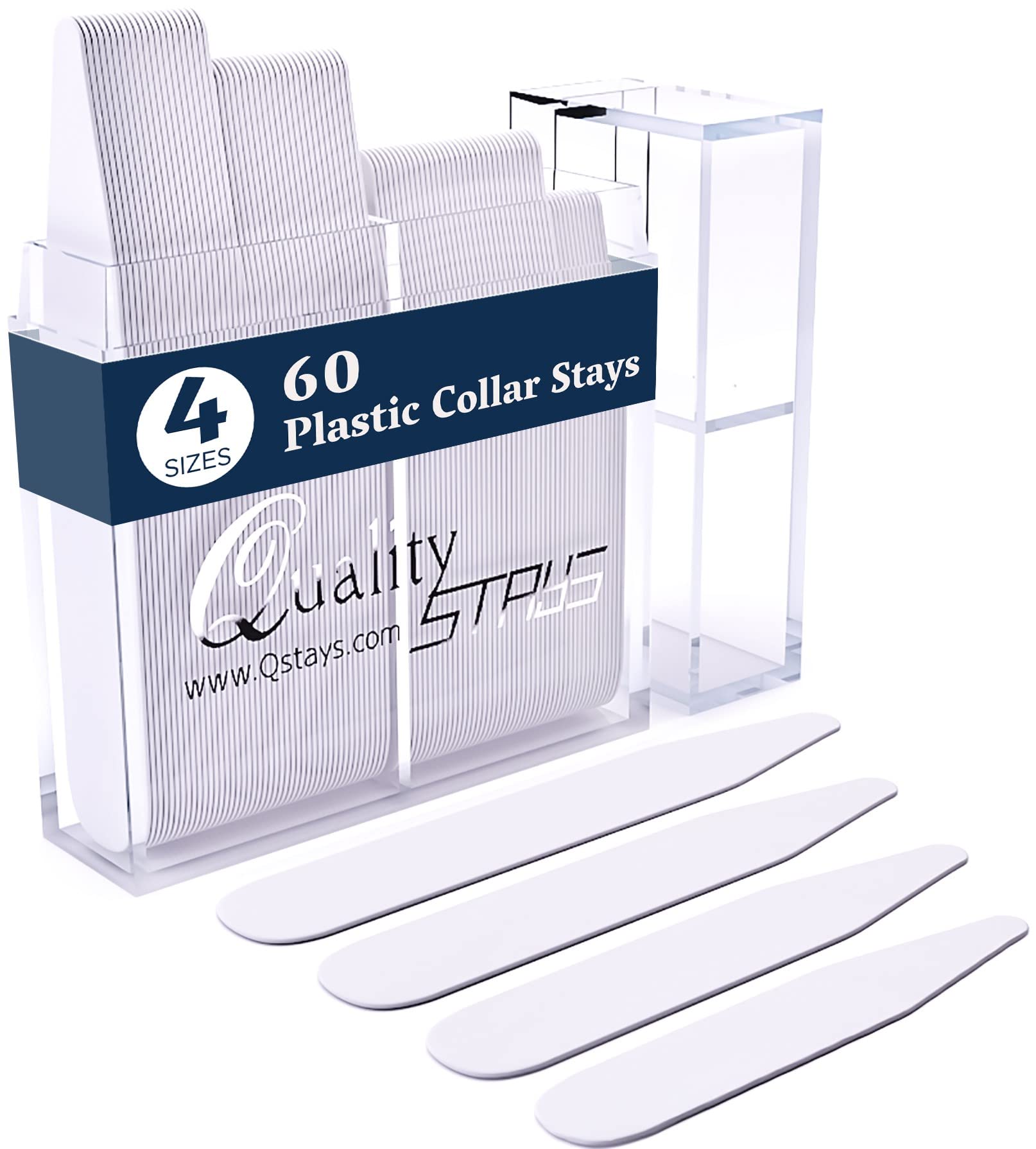 Packaging of 60 plastic collar stays with a clear case and blue label on a white background