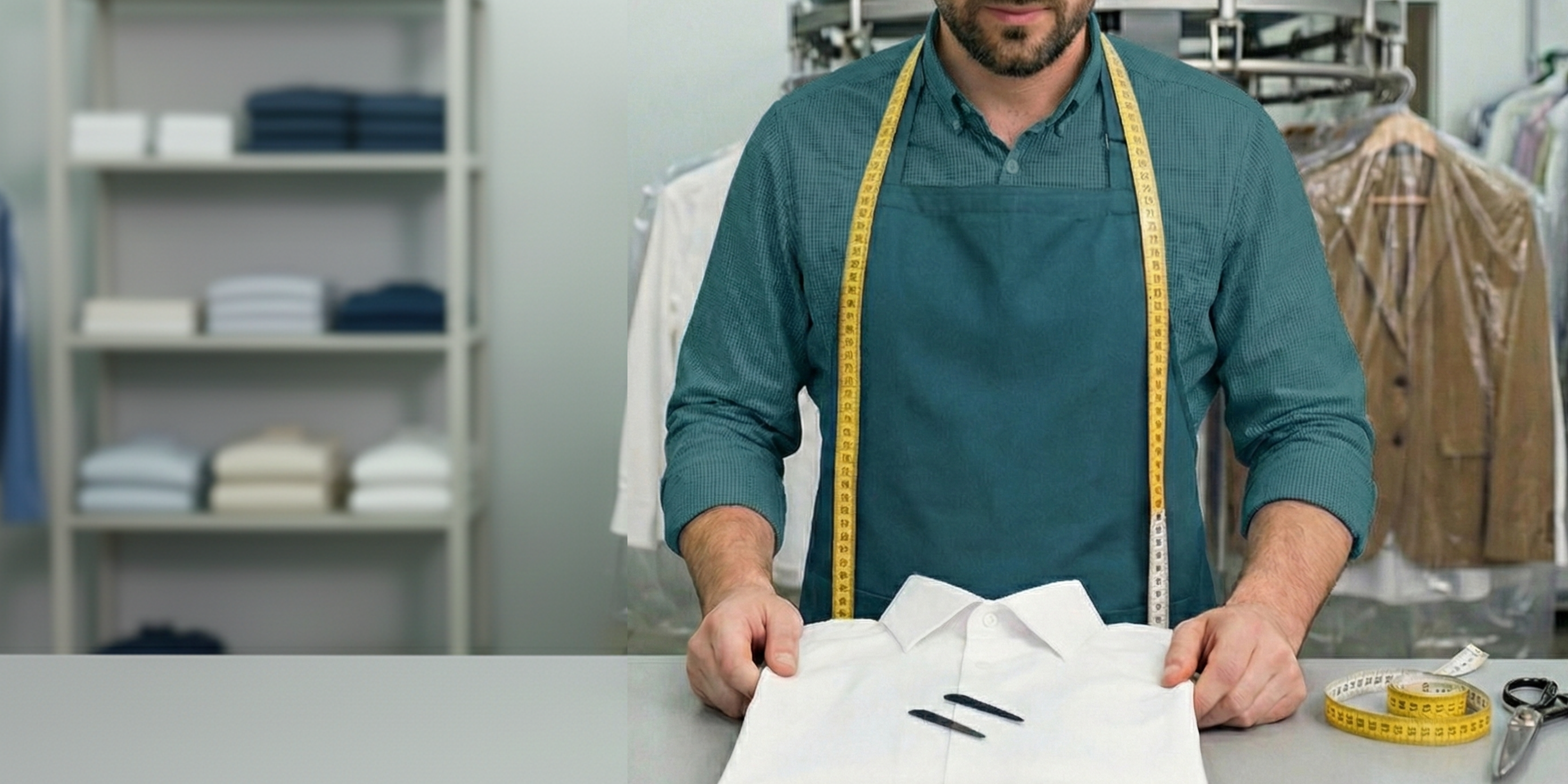 Man in a dry cleaners holding a shirt with collar stays