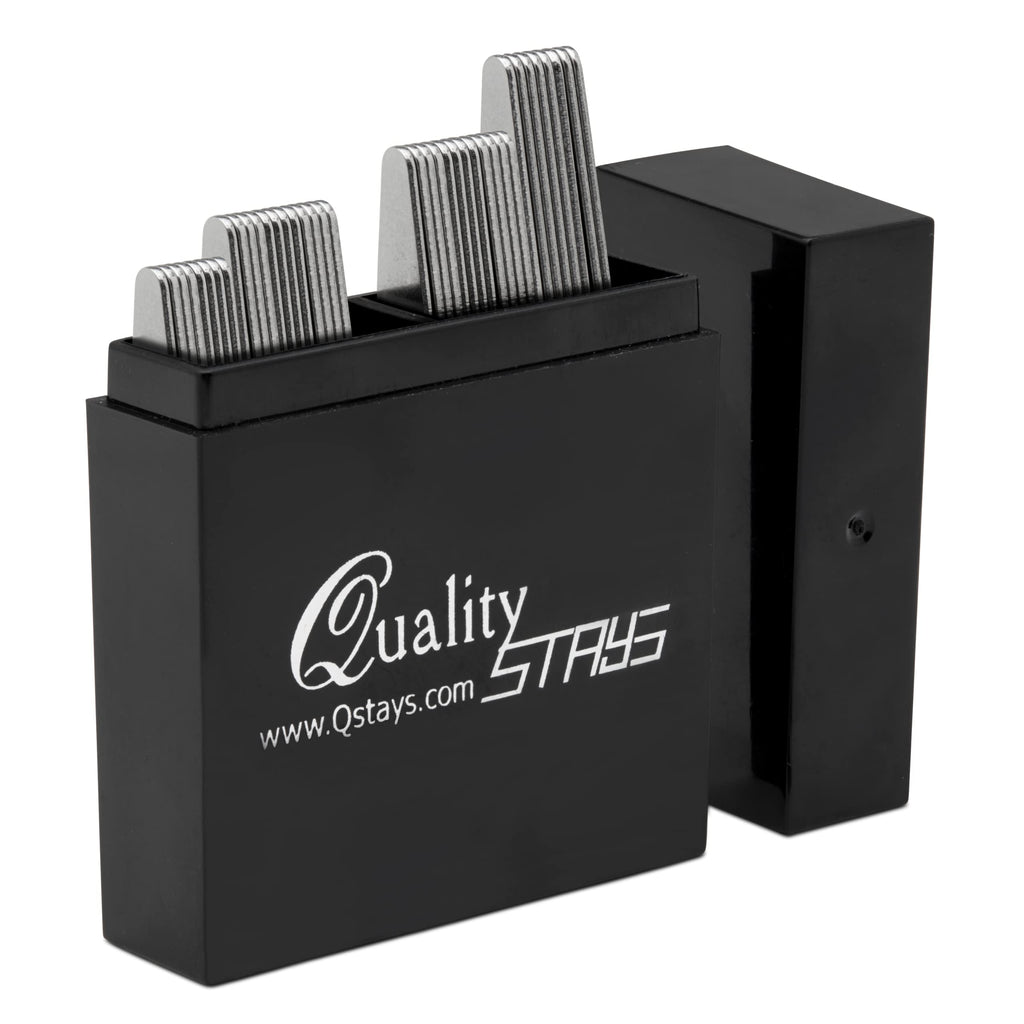 Black container with metal collar stays and 'Quality STAYS' branding on a white background