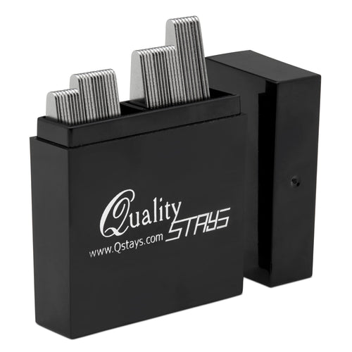 Black container with metal collar stays and 'Quality STAYS' branding on a white background