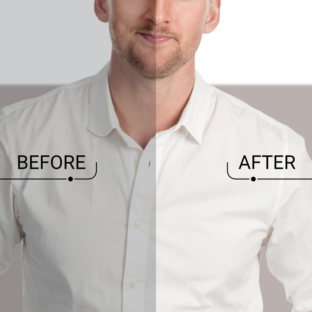 Comparison of a white shirt with and without collar stays labeled 'Before' and 'After'.