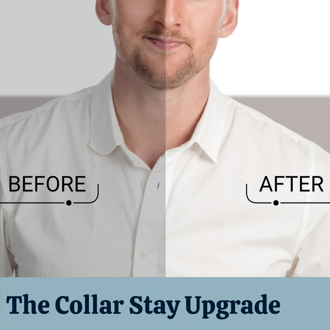 Before and after comparison of a man with and without collar stays, wearing a white shirt with text 'Before' and 'After'.