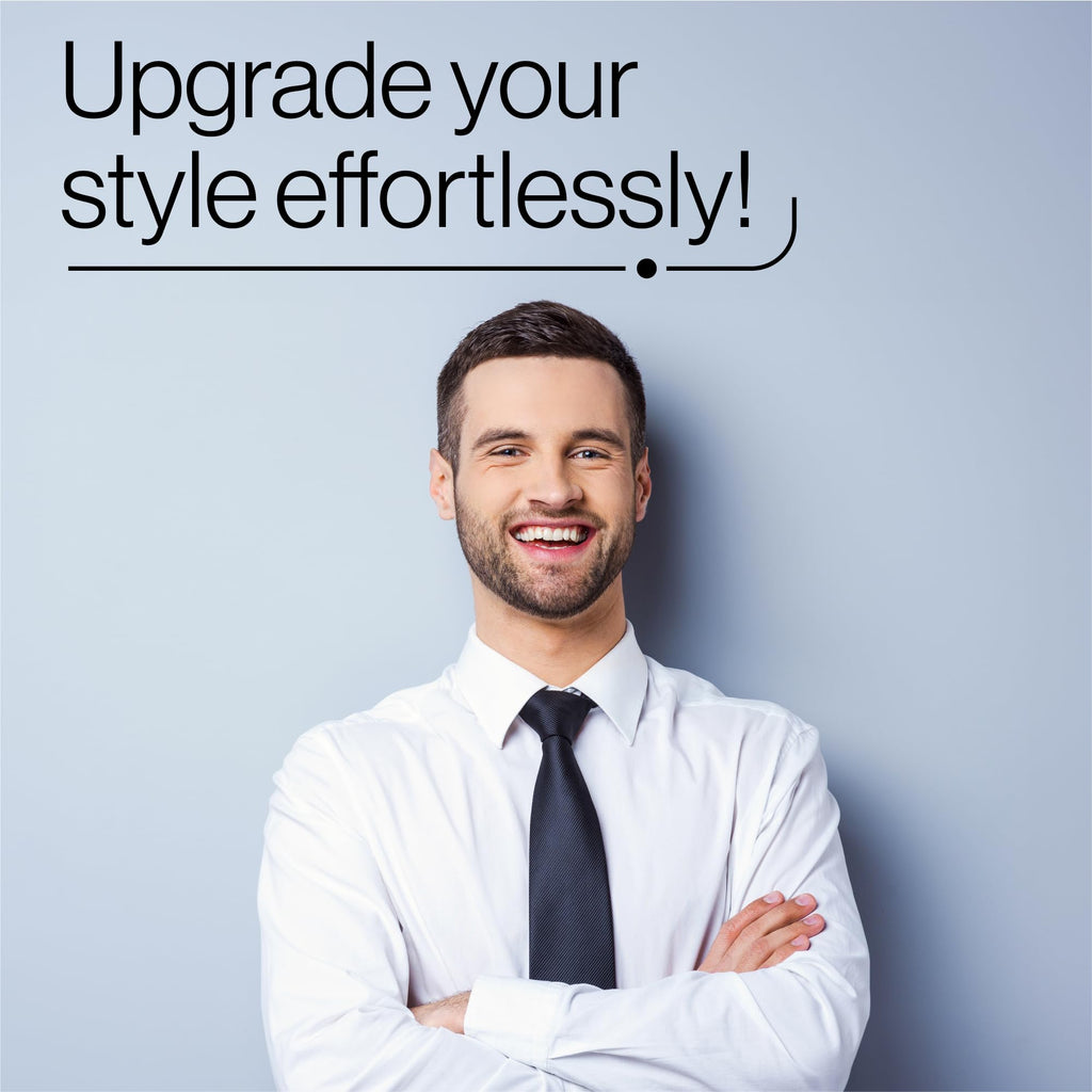 Man in a white shirt with crisp collars and black tie with text 'Upgrade your style effortlessly!' on a light blue background