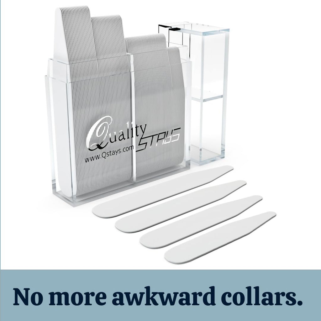 60 collar stays in a clear holder with 'Quality Stays' branding on a white background.